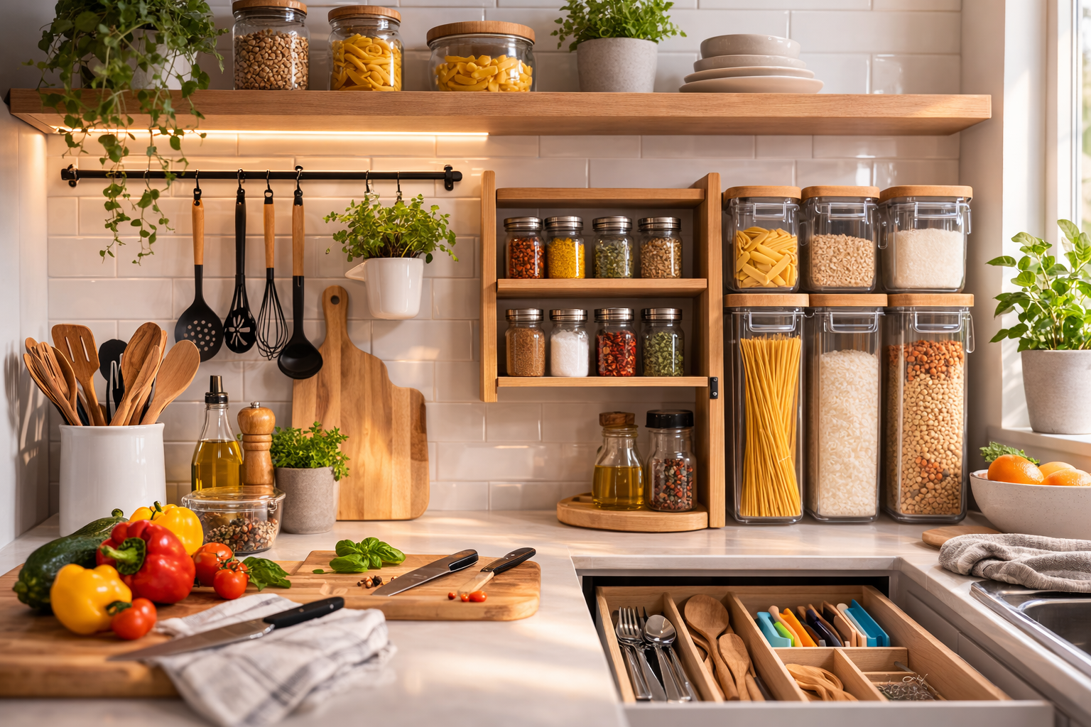 Modern cozy home interior with decor and kitchen styling